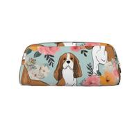 NCLSJFOV Sweet Basset Hound Florals Printed Leather Pencil Case for Students Girls Boys - Cute Gold Zip Pen Pencil Pouch Office School Adult Stationary Organiser Makeup Bag