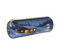 NCLSJFOV Wooden Rustic Log Cottage Scenery Round Leather Pencil Case for Girls Boys, Pen Pouch & Makeup Bag for Student School Office College