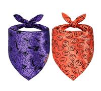NCMAMA 2PCS Halloween Dog Bandanas,Orange and Purple Double-Sided Reversible Triangle Scarf with Cute Ghost Spider Bat and Pumpkin Design, Halloween Holiday Pet Costume Accessories for Dogs and Cats