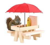 NCONCO Squirrel Feeder, Wooden Squirrel Picnic Table Feeder with Umbrella and Corn Cob Holder, Squirrel Feeders for Squirrel and Chipmunk Lover, Easy to Fill Peanuts in Shell and Nuts