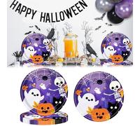 Ncozwo 24 Pcs Happy Halloween Party Disposable Paper Plates Cute 9 Inch Round Dinner Plates for Birthday Party Dinner Decorations (Purple Ghost Skull Pumpkin)