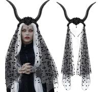 Ncozwo Black Devil Horns Headband Antelope Horns Flowers Crown Tassel Hair Band Long Veil Hair Hoop Day of The Dead Headpiece Halloween Demon Hair Accessories for Carnival Makeup Party Masquerade