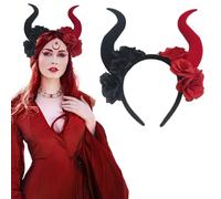 Ncozwo Devil Horns Headband Black Red Rose Demon Horns Hair Hoop Halloween Gothic Witch Horn Hairband Day of The Dead Headpiece Hair Accessories for Carnival Makeup Party