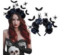 Ncozwo Halloween Bats Spiders Rose Halo Flowers Crown Headband Gothic Rose Bat Hair Hoop Day of The Dead Hairband Floral Head Piece Renaissance Hair Accessory for Demon Witcher Makeup Party