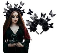 Ncozwo Halloween Butterflies Roses Halo Flowers Crown Headband Gothic Black Butterfly Rose Fairy Hair Hoop Day of The Dead Hairband Renaissance Hair Accessory for Demon Witcher Elf Makeup Party