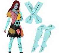 Ncozwo Halloween Stitched Scar Arm Sleeves Socks Set Sew Dolls Fingerless Gloves Zombie Bride Leg Warmers for Christmas Nightmare Party Cosplay Dress Up Blue