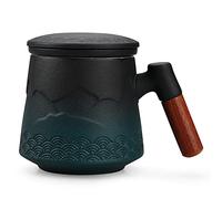 NCQIXIAO Tea Cup with Infuser and Lid, Gradual Mountain and Spray Tea Mug Cups with Infuser, Wood Handle Ceramic Coffee Mug with Lid Tea 430ml/14.50 OZ (Gradient Green)