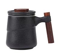 NCQIXIAO Tea Cup with Infuser and Lid, Retro Tea Mug Cups with Infuser, Wood Handle Ceramic Coffee Mug with Lid for Steeping Loose Leaf Tea 320ml/10.82OZ (Black)