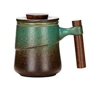 NCQIXIAO Tea Cup with Infuser and Lid, Retro Tea Mug Cups with Infuser, Wood Handle Ceramic Coffee Mug with Lid for Steeping Loose Leaf Tea 320ml/10.82OZ (Vintage Green)