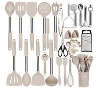 NCUE Kitchen Utensils Set, 35 Pcs Silicone Cooking Set with Holder, Stainless Steel Handle Spatula Spoons, Pasta Server, Cheese Grater, Masher, Scissors, Dishwasher Safe (Khaki) (NC35P)