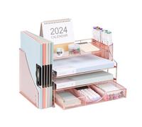 NCXTKJ Modern Rose Gold Desk Organizer, 4-Tier Paper Letter Tray with File Holder, Drawer, Mesh Workspace Document Organization, 2 Pen Holders for Office Supplies