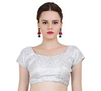 ND & R Women's Readymade, Banarasi Brocade Padded, Short Sleeve Ladies Blouse, Choli for Saree, Ready to Wear Color Silver Size-34