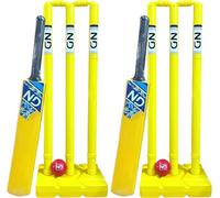 ND Sports Cricket Set - Plastic Stumps, Bat & Ball | Lightweight, Durable & Portable | For Kids & Adults | Indoor & Outdoor Play | With Mesh Handy Carry Bag (Yellow, Senior (Full Size) - Pack 2)