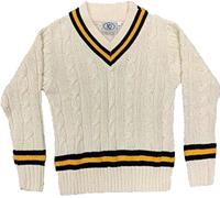 ND Sports Mens Long Sleeve V Neck Cable Knitted Cricket Jumper Golf Sweater Top Jersey (Medium, Green/Amber/Green)