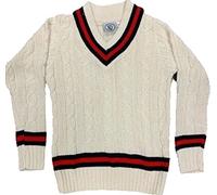 ND Sports Mens Long Sleeve V Neck Cable Knitted Cricket Jumper Golf Sweater Top Jersey (Small, Navy/Red/Navy)