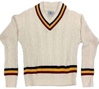 ND Sports Mens Long Sleeve V Neck Cable Knitted Cricket Jumper Golf Sweater Top Jersey (X-Large, Black/Amber/Maroon)