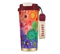 NDDCEDEW 16 Oz Stainless Steel Travel Mug with Straw Rainbow Flowers Print Double Wall Vacuum Insulated Cup, Leak Proof Flip Lid, Keeps Hot/Cold 12 Hours for Car, Office