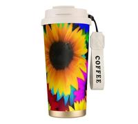 NDDCEDEW 16 Oz Stainless Steel Travel Mug with Straw Rainbow Sunflower Print Double Wall Vacuum Insulated Cup, Leak Proof Flip Lid, Keeps Hot/Cold 12 Hours for Car, Office