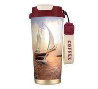 NDDCEDEW 16 Oz Stainless Steel Travel Mug with Straw White Sailing Ship at Sunset Print Double Wall Vacuum Insulated Cup, Leak Proof Flip Lid, Keeps Hot/Cold 12 Hours for Car, Office
