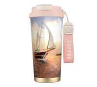 NDDCEDEW 16 Oz Stainless Steel Travel Mug with Straw White Sailing Ship at Sunset Print Double Wall Vacuum Insulated Cup, Leak Proof Flip Lid, Keeps Hot/Cold 12 Hours for Car, Office