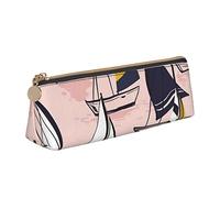 NDDCEDEW Pink Sketch Sailing Print Small Pencil Case Leather Zippered Pouch Stationery Bag Pen Holder Case Portable Storage Organizer