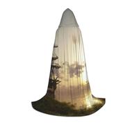 NDDCEDEW Ship In The Lake Sunset Print Hooded Cape For Teenagers Floor Length Hooded Cape