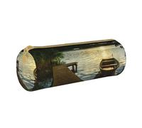 NDDCEDEW Student Pencil Pouch Boat at Lake Shore Print Leather Zippered Pencil Pouch Kids Stationery Bag for School Pen Holder Case Portable Storage Organizer Makeup Bag