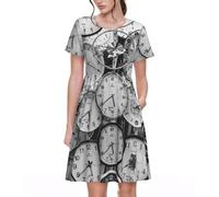 NDDCEDEW Women's Summer Dress Casual Round Neck Knee Length Dresses Clock Art Printing Flowy Beach Vacation A-Line Sundress with Pockets Black