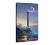 NDGSA Eternal Watch-A Futuristic Lighthouse Under The Twin Moons 2 Canvas Poster Bedroom Decor Landscape Office Room Decor Gift 24x36inch(60x90cm)