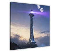 NDGSA Eternal Watch- A Futuristic Lighthouse Under The Twin Moons Canvas Poster Wall Art Decor Print Picture Paintings for Living Room Bedroom Decoration 24x24inch(60x60cm)