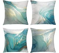 NDMMSO Set of 4 Cushion Covers 20x20 Inches Marble Texture Turquoise and Gold Silver Decorative Pillow Covers Luxury Abstract Fluid Art Ink Soft Velvet Square for Couch Sofa Cushion Covers 50x50cm