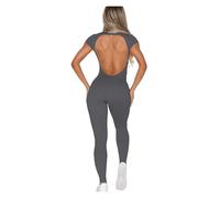 NDSJAIE Cutout Back Yoga Bodysuit Women Open Back Tee Bodysuit Bum Backless Seamless Gym Wear Short Sleeve One Piece Yoga Set Outfit Overalls Jumpsuit For Sport(Grey,XL)