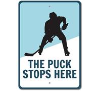NDTS Hockey Decor, Puck Stops Here Sign, Hockey Player Sign Retro Metal Sign Tin Sign Look Vintage Style Metal Sign 8X12 Inch
