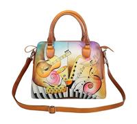 NE Genuine Leather Satchel Bag for Women - Hand-Painted Musical Design