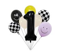 ne Happy Dude 1st Birthday Balloons Decorations - 40 Inch Black Number 1 Foil Balloon, Checkerboard & Smiley Face Balloon Bouquet for Boys First Birthday Party Supplies, Retro Groovy Decor (Number 1)