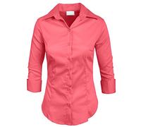 NE PEOPLE Womens Simple Stretch Slim Fit 3/4 Sleeve Roll Up Cotton Button Down Basic Solid Shirt (S-6XL) - pink - S/M