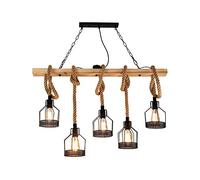 NEAFP Retro Industrial 5 Heads Vintage Pendant Lights DIY Adjustable Height Hemp Rope Ceiling Lighting Wooden Dining Room Indoor Metal Hanging Lamp Room Bar Ceiling Light Fixture HGCHH