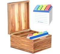 Neando 5x8 Index Card Organizer with Lid - Extra Large Acacia Wood Storage Box with 4 Compartments, 20 Blank Tabs, Holds 600 Cards - File Box for Recipes, Projects, School Notes & Office Organization