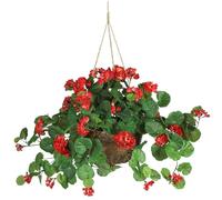 Nearly Natural 6609-RD 24in. Geranium Hanging Basket Silk Plant,Red,10.25" x 10.25" x 17.5"