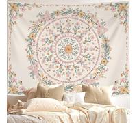 Neasow Bohemian Tapestry Wall Hanging, Beige Pink Floral Tapestry with Wild Flower Medallion Print Bedroom Boho Home Decor, White Wreath 36×48 inch