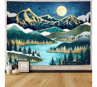 Neasow Mountain Moon Tapestry, Nature Forest Tree Lake Landscape Tapestries Star Starry Night Teal Blue Wall Decor for Home Bedroom 60×80 inch