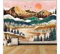 Neasow Mountain Tapestry, Nature Forest Tree Lake Landscape Tapestries SunSet Orange and Green Wall Decor for Home Bedroom 36×48 inch