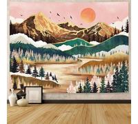 Neasow Mountain Tapestry, Nature Forest Tree Lake Landscape Tapestries SunSet Orange and Green Wall Decor for Home Bedroom 60×80 inch