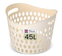 Neat. 45L Litre Plastic Round Laundry Basket For Washing Clothes - High Grade Linen Storage Bin Tidy Bathroom Storage Baskets Organiser, Washing Baskets For Laundry Room, Kids Nursery (Cream)