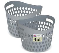 Neat. 45L Litre Plastic Round Laundry Basket For Washing Clothes Pack of 2 - High Grade Linen Storage Bin Tidy Bathroom Storage Baskets Organiser, Washing Baskets For Laundry Room, Kids Nursery (Grey)