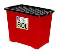Neat. 80L Storage Boxes With Lids - Red Base & Black Clip Lid Ideal For Home Organisation- Pack Of 10