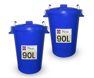 Neat. 90L Bin Coloured Large Plastic Bins, Heavy Duty Kitchen Bin with Metal Handle Dustbin with Lid For Easy Refusal Garden Bin Indoor Outdoor Rubbish Waste, Storage of Animal Feed, Dark Blue-2Pack