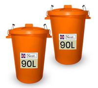 Neat. 90L Bin Coloured Large Plastic Bins, Heavy Duty Kitchen Bin with Metal Handle, Dustbin with Lid For Easy Refusal Garden Bin, Indoor Outdoor Rubbish, Waste or Storage of Animal Feed, Orange-2Pack