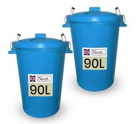 Neat. 90L Bin Coloured Large Plastic Bins, Heavy Duty Kitchen Bin with Metal Handle Dustbin with Lid For Easy Refusal, Garden Bin Indoor Outdoor Rubbish Waste, Storage of Animal Feed, Sky Blue-2Pack