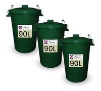 Neat. 90L Coloured Large Plastic Bins, Heavy Duty Kitchen Bin with Metal Handle Dustbin with Lid For Easy Refusal Garden Bin Indoor Outdoor Rubbish Waste, Storage of Animal Feed, Dark Green-3Pack
